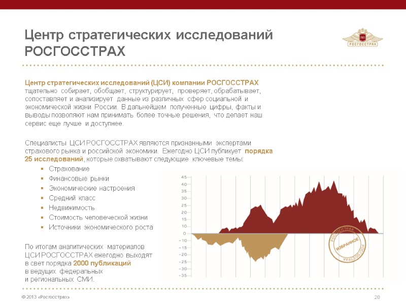 Центр стратегических исследований (ЦСИ) компании РОСГОССТРАХ тщательно собирает, обобщает, структурирует, проверяет, обрабатывает, сопоставляет и